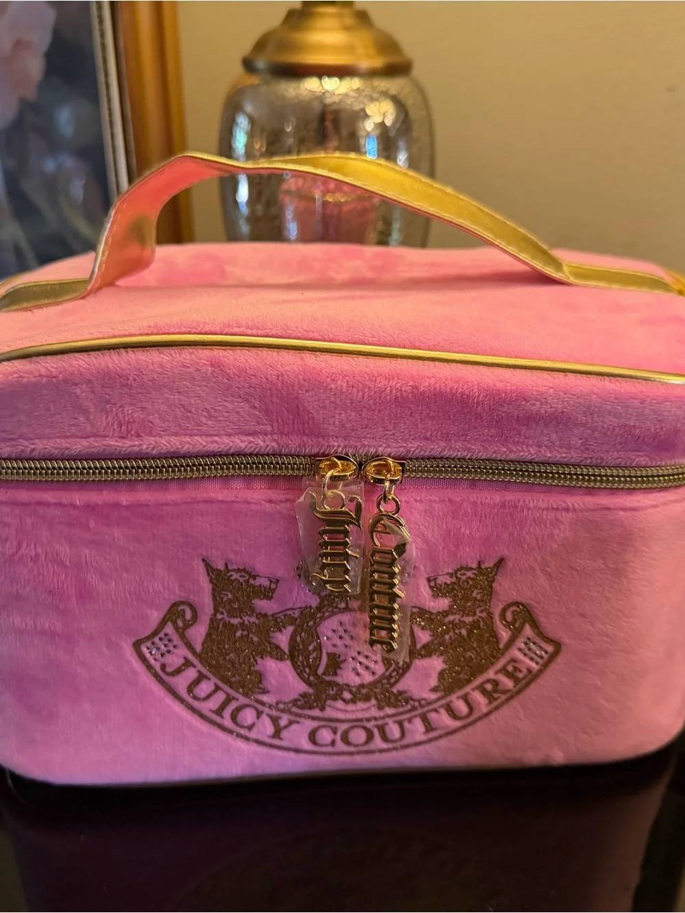 NWOT Juicy Couture Pink Plush Cosmetic Train Case with Gold Trim Scottie Dogs